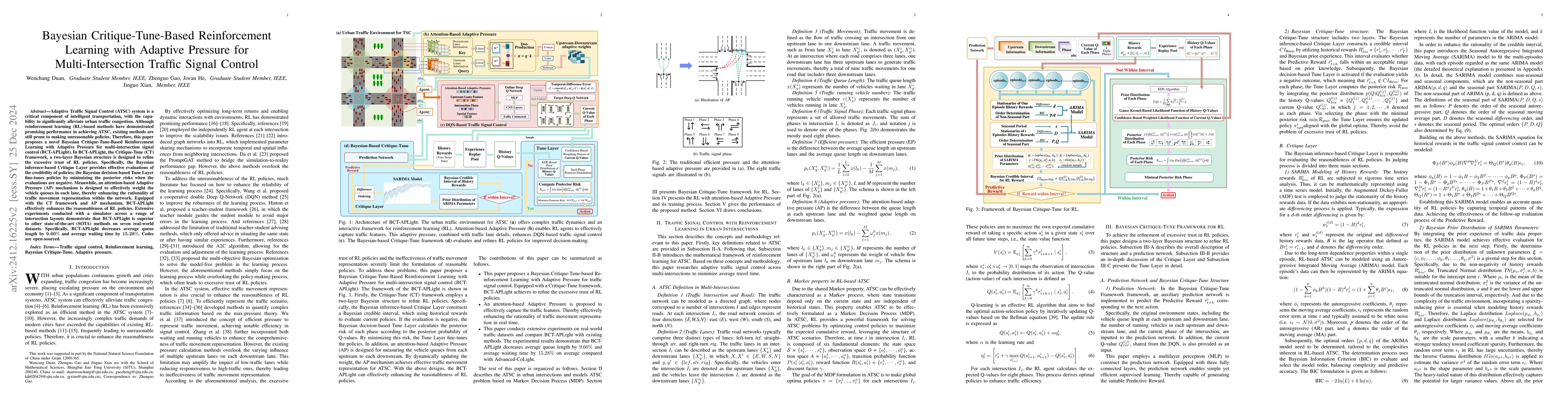 Thumbnail for Bayesian Critique-Tune-Based Reinforcement Learning with Adaptive
  Pressure for Multi-Intersection Traffic Signal Control