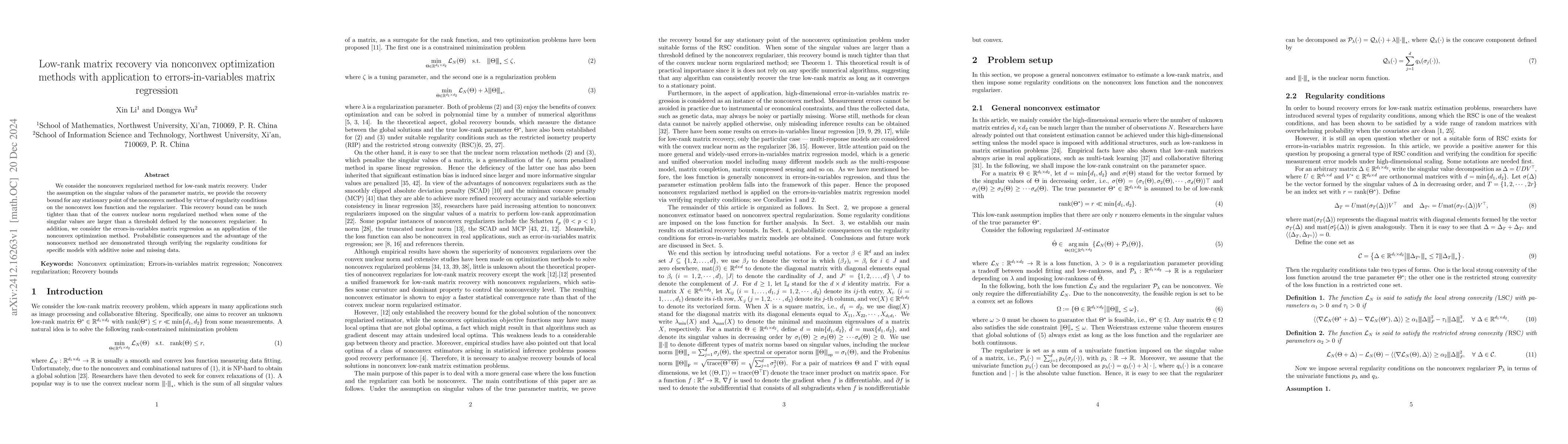 Thumbnail for Low-rank matrix recovery via nonconvex optimization methods with
  application to errors-in-variables matrix regression