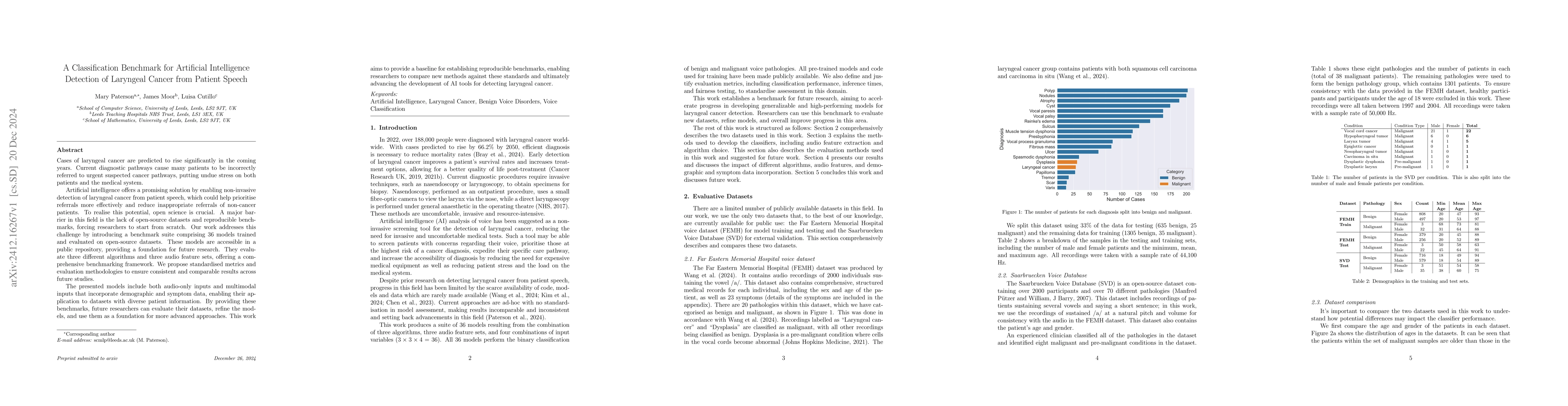 Thumbnail for A Classification Benchmark for Artificial Intelligence Detection of
  Laryngeal Cancer from Patient Speech
