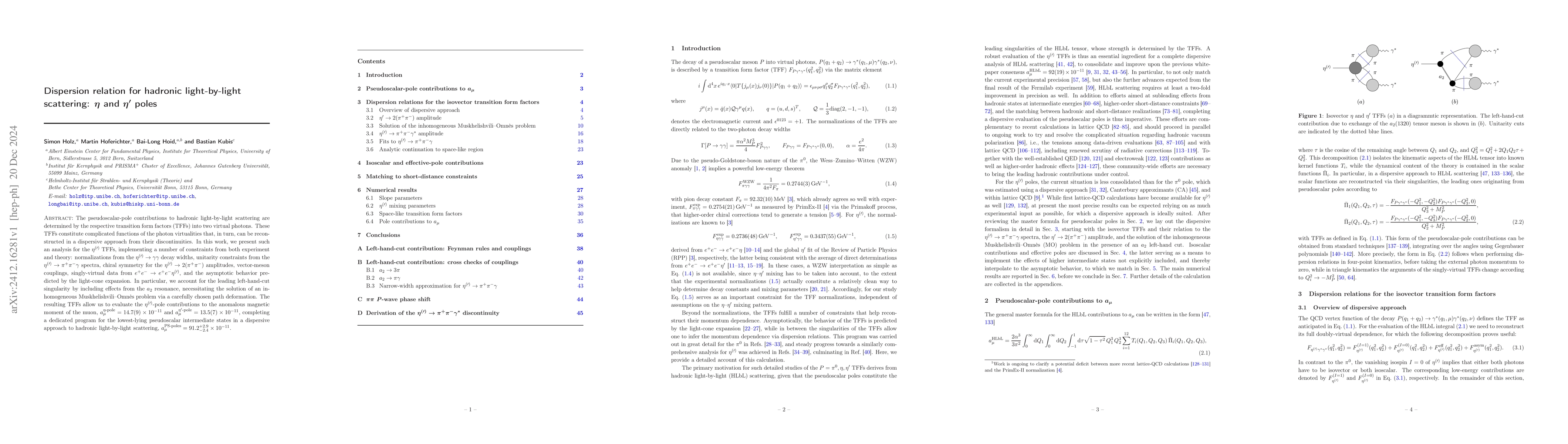 Thumbnail for Dispersion relation for hadronic light-by-light scattering: $η$ and
  $η'$ poles