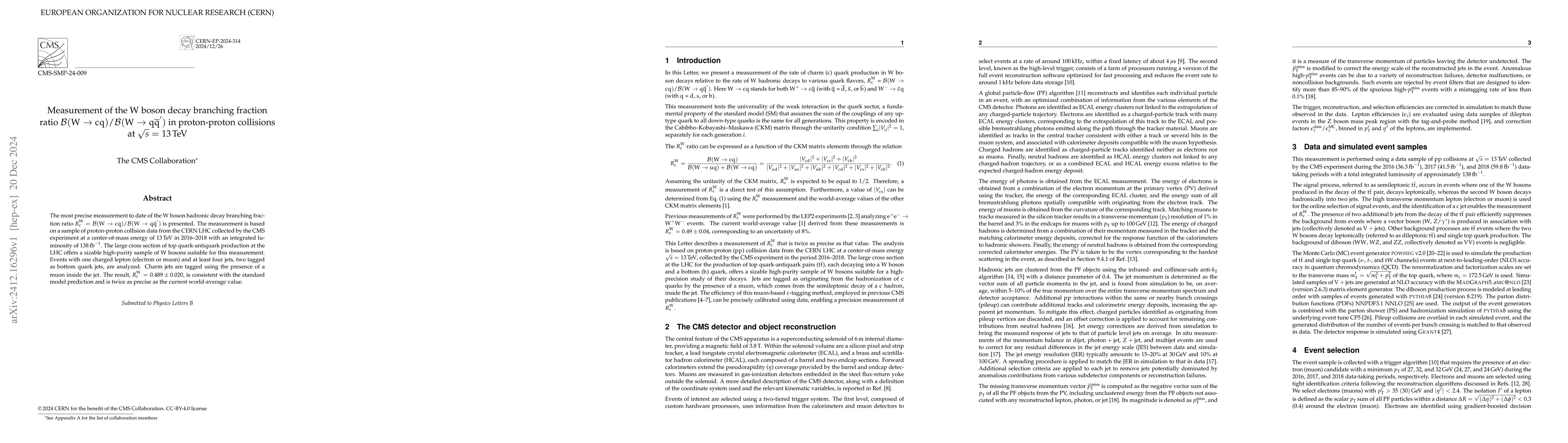 Thumbnail for Measurement of the W boson decay branching fraction ratio
  $\mathcal{B}$(W $\to$ cq)/$\mathcal{B}$(W $\to$ $\mathrm{q\bar{q}'}$) in
  proton-proton collisions at $\sqrt{s}$ = 13 TeV