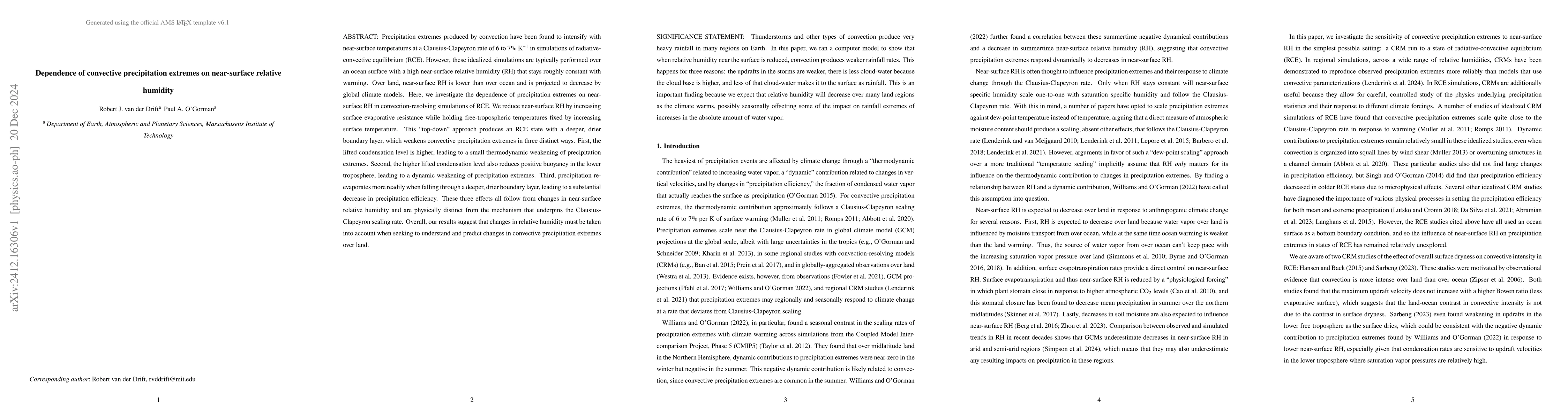 Thumbnail for Dependence of convective precipitation extremes on near-surface relative
  humidity