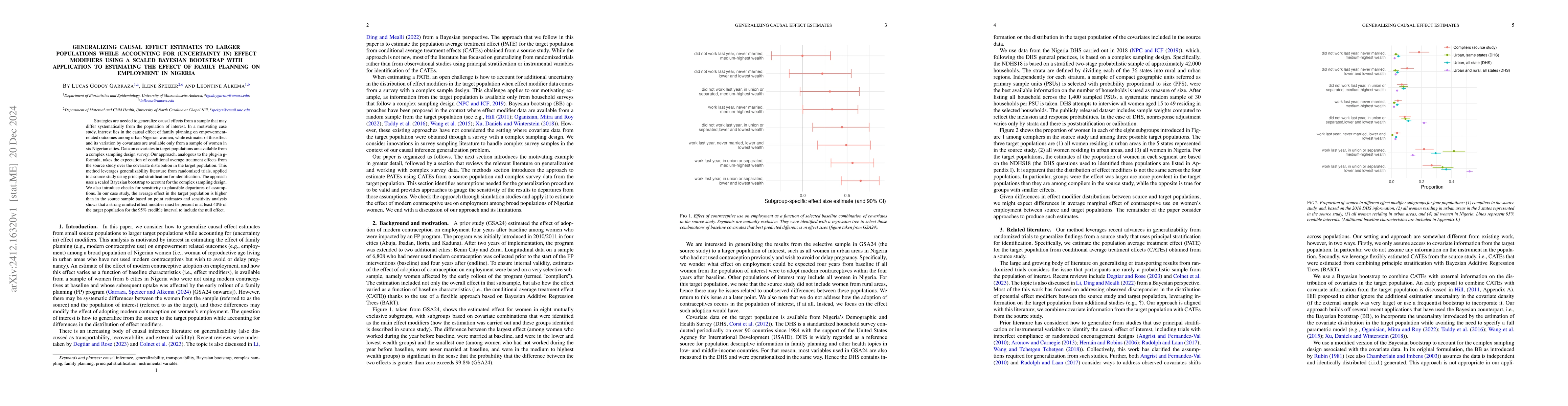 Thumbnail for Generalizing causal effect estimates to larger populations while
  accounting for (uncertainty in) effect modifiers using a scaled Bayesian
  bootstrap with application to estimating the effect of family planning on
  employment in Nigeria