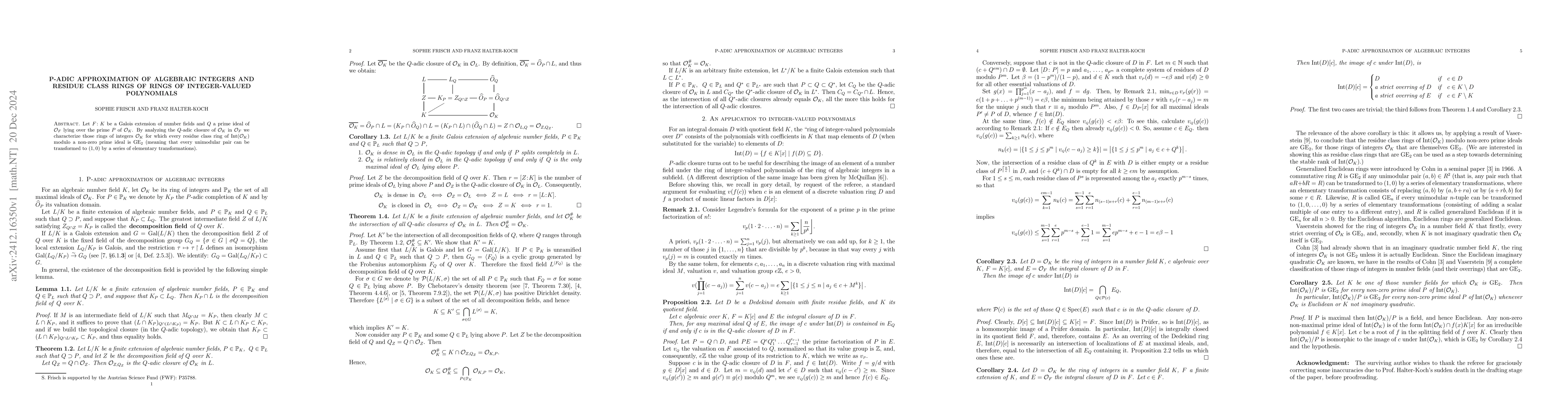 Thumbnail for P-adic approximation of algebraic integers and residue class rings of
  rings of integer-valued polynomials