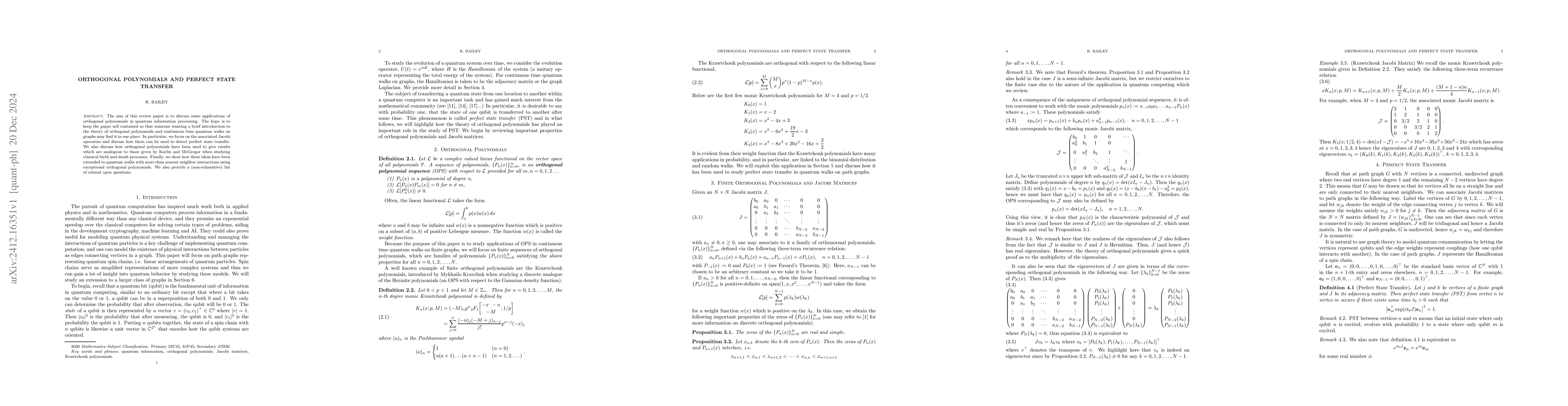 Thumbnail for Orthogonal Polynomials and Perfect State Transfer