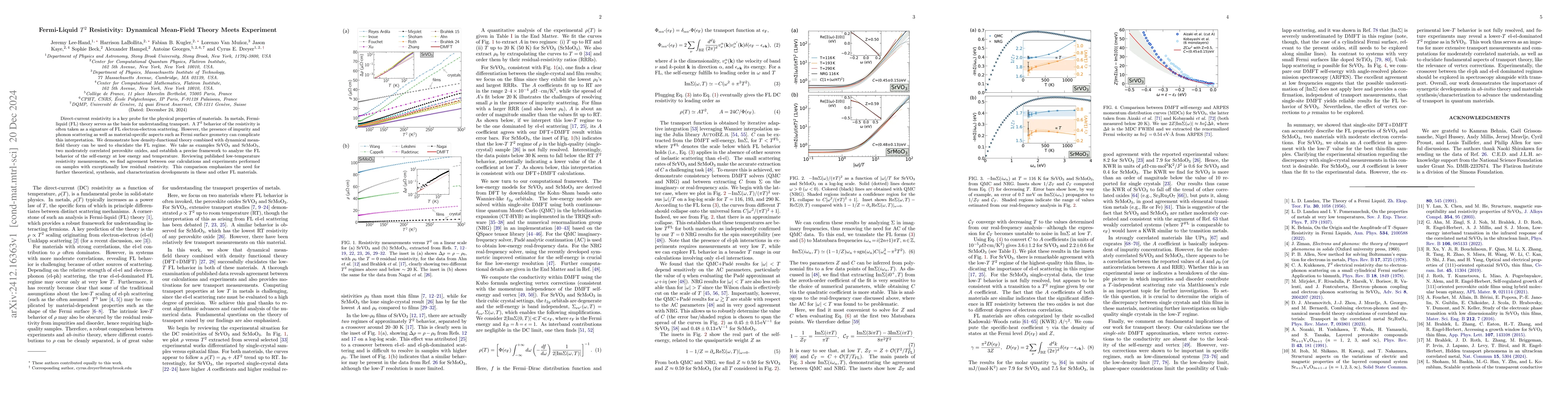 Thumbnail for Fermi-Liquid $T^2$ Resistivity: Dynamical Mean-Field Theory Meets
  Experiment
