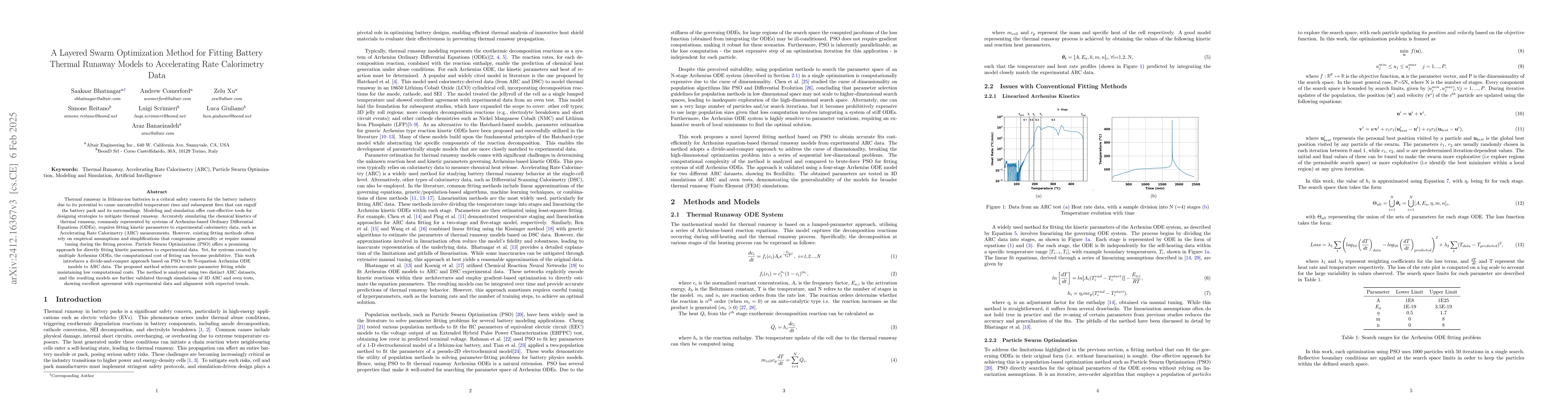 Thumbnail for A Layered Swarm Optimization Method for Fitting Battery Thermal Runaway
  Models to Accelerating Rate Calorimetry Data