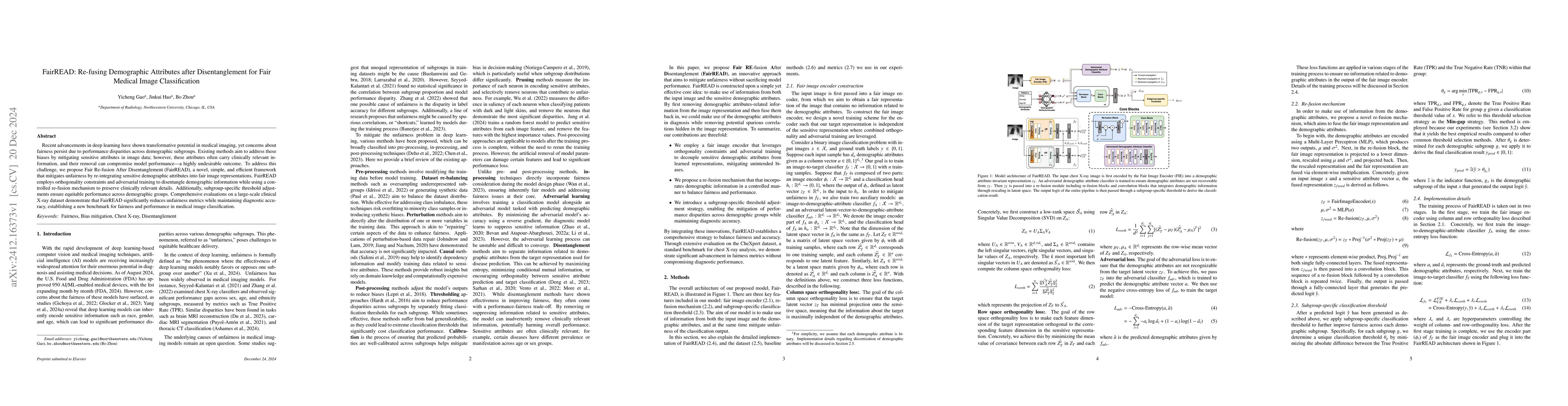 Thumbnail for FairREAD: Re-fusing Demographic Attributes after Disentanglement for
  Fair Medical Image Classification