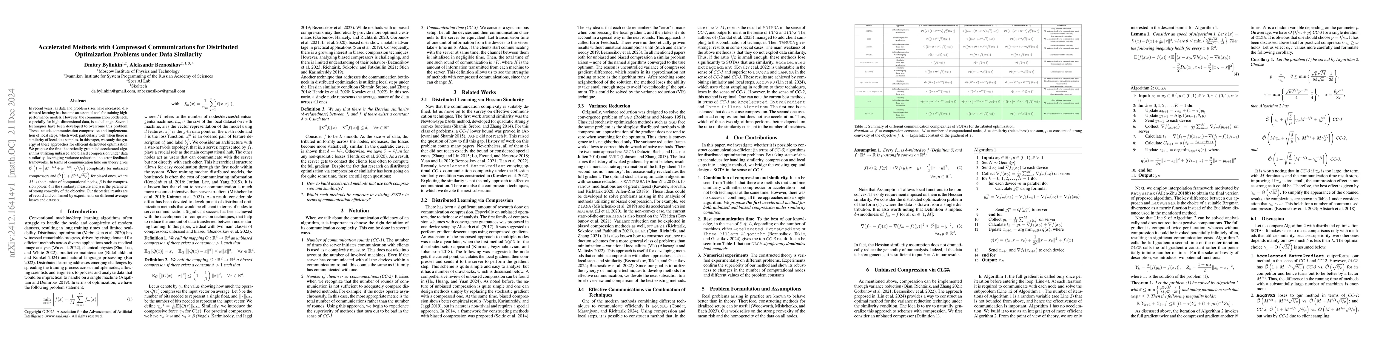 Thumbnail for Accelerated Methods with Compressed Communications for Distributed
  Optimization Problems under Data Similarity