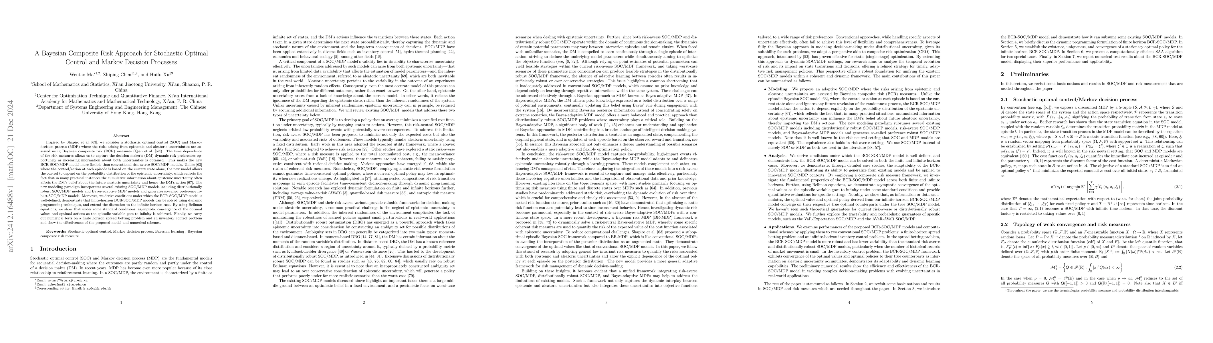 Thumbnail for A Bayesian Composite Risk Approach for Stochastic Optimal Control and
  Markov Decision Processes
