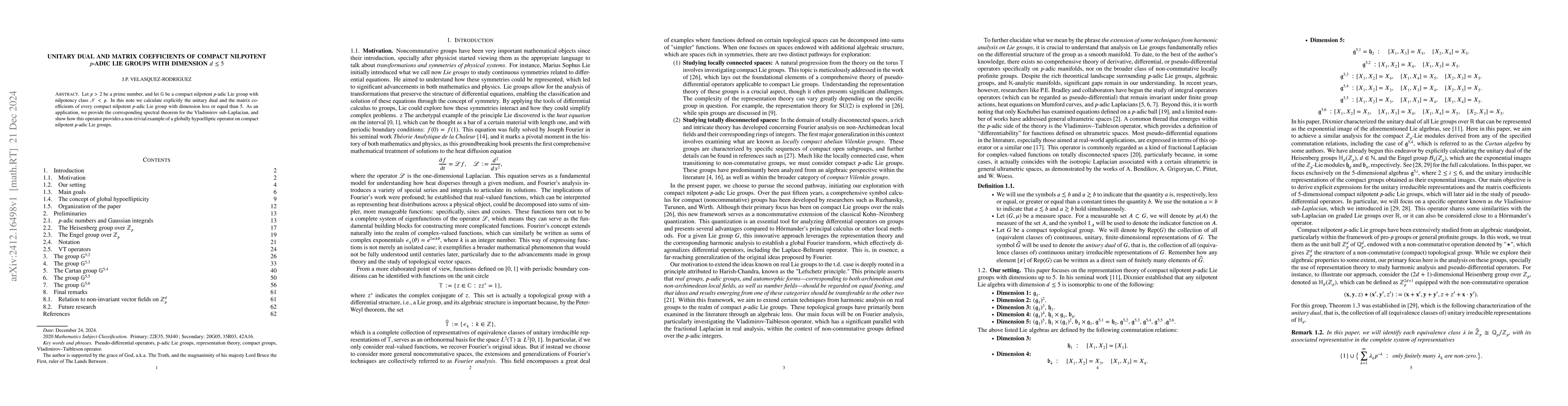 Thumbnail for Unitary dual and matrix coefficients of compact nilpotent p-adic Lie
  groups with dimension $d \leq 5$