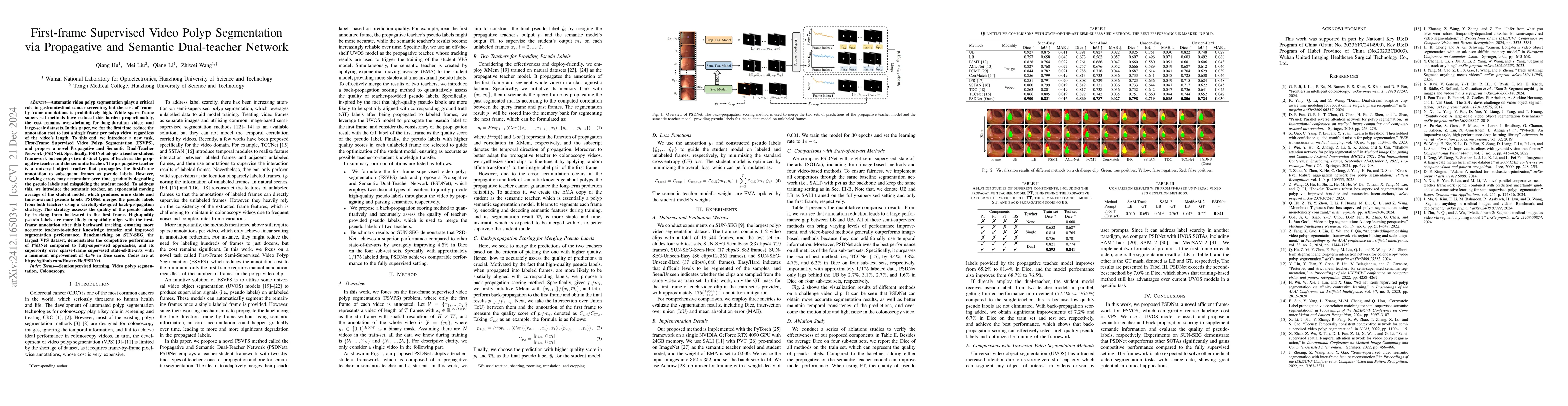 Thumbnail for First-frame Supervised Video Polyp Segmentation via Propagative and
  Semantic Dual-teacher Network