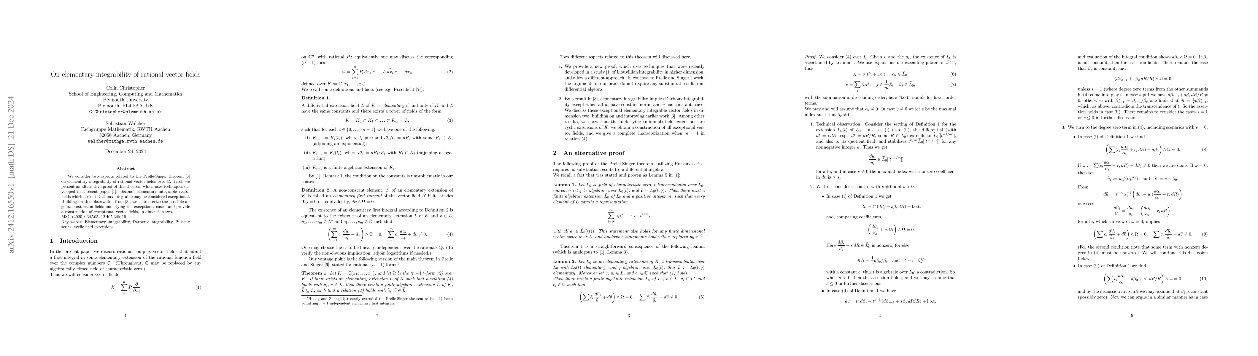Thumbnail for On elementary integrability of rational vector fields