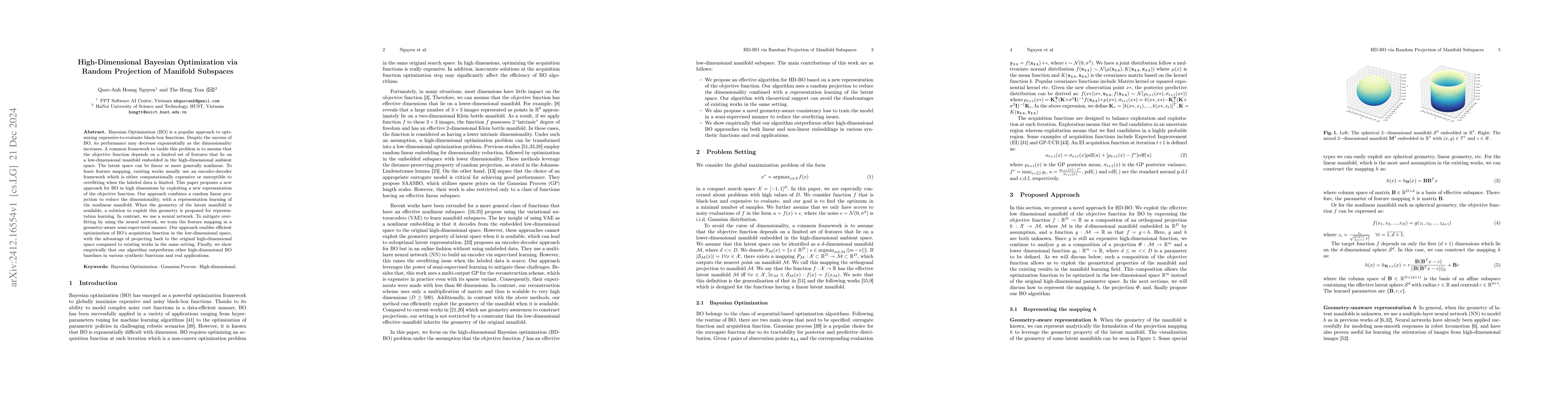Thumbnail for High-Dimensional Bayesian Optimization via Random Projection of Manifold
  Subspaces