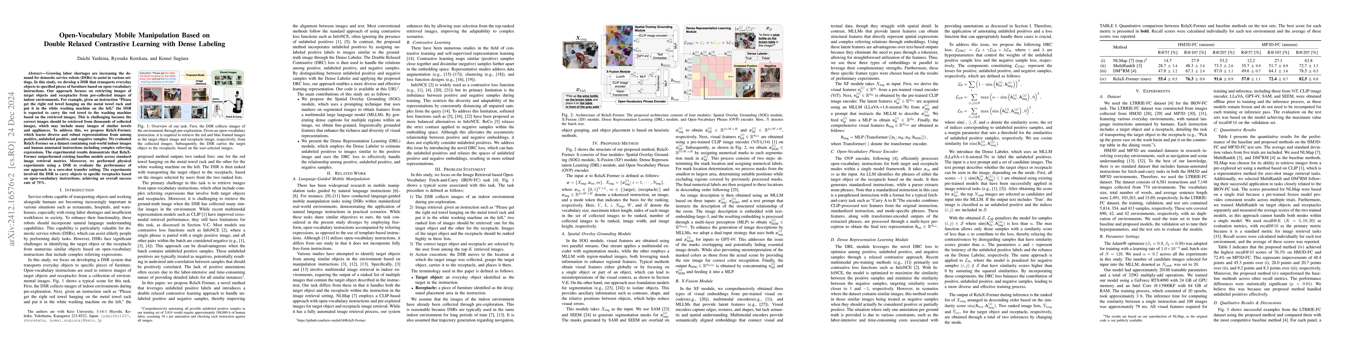 Thumbnail for Open-Vocabulary Mobile Manipulation Based on Double Relaxed Contrastive
  Learning with Dense Labeling