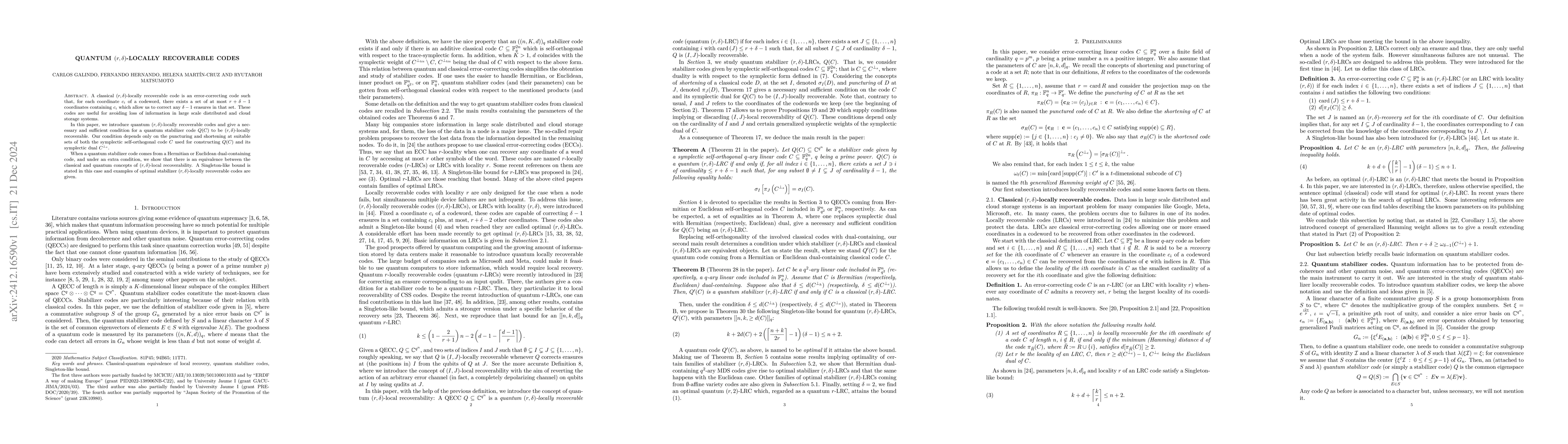 Thumbnail for Quantum $(r,δ)$-locally recoverable codes