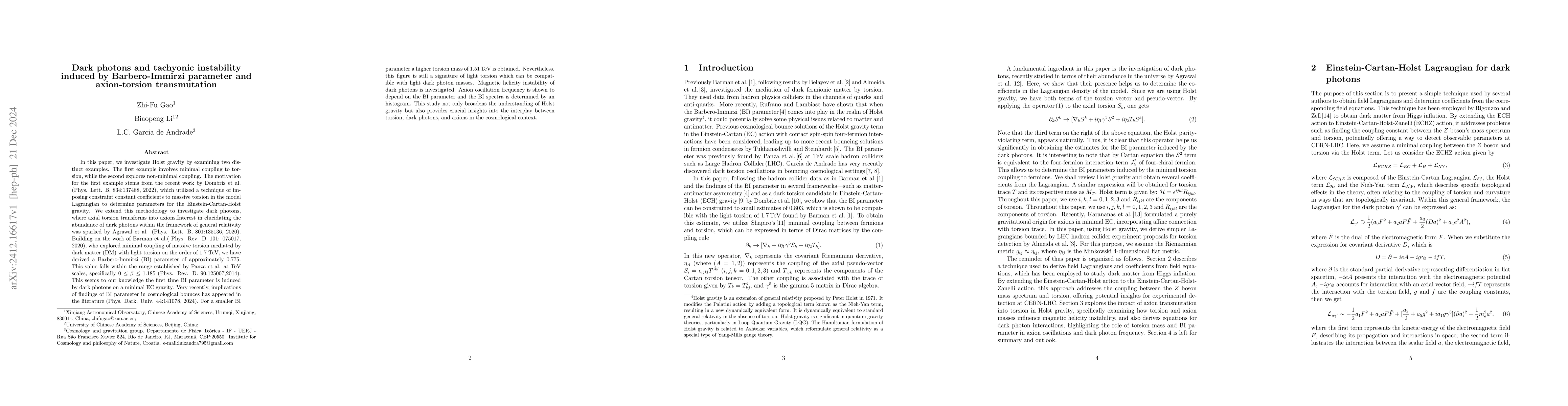 Thumbnail for Dark photons and tachyonic instability induced by Barbero-Immirzi
  parameter and axion-torsion transmutation