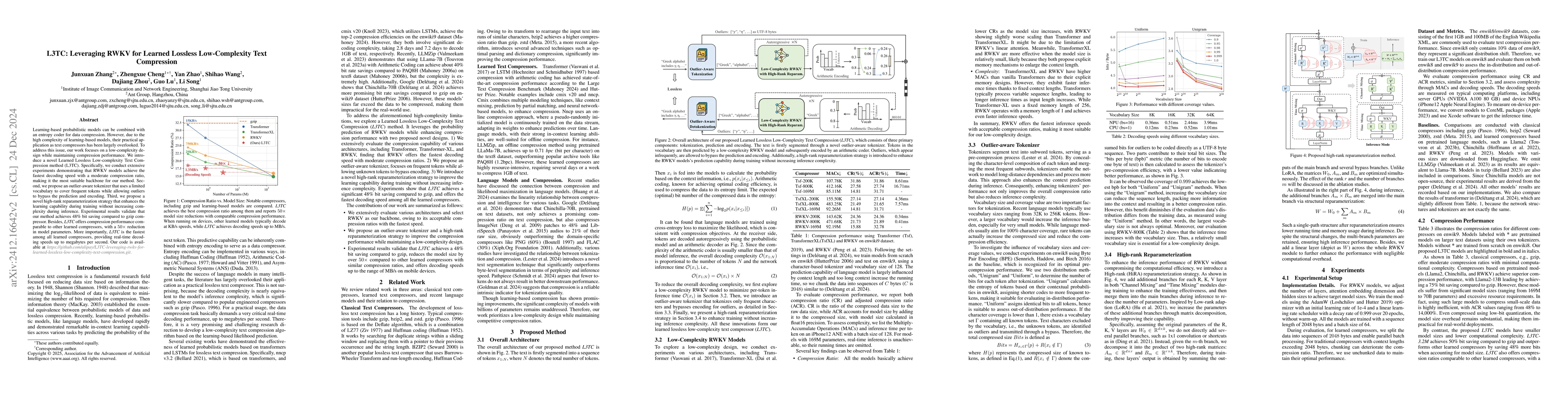 Thumbnail for L3TC: Leveraging RWKV for Learned Lossless Low-Complexity Text
  Compression