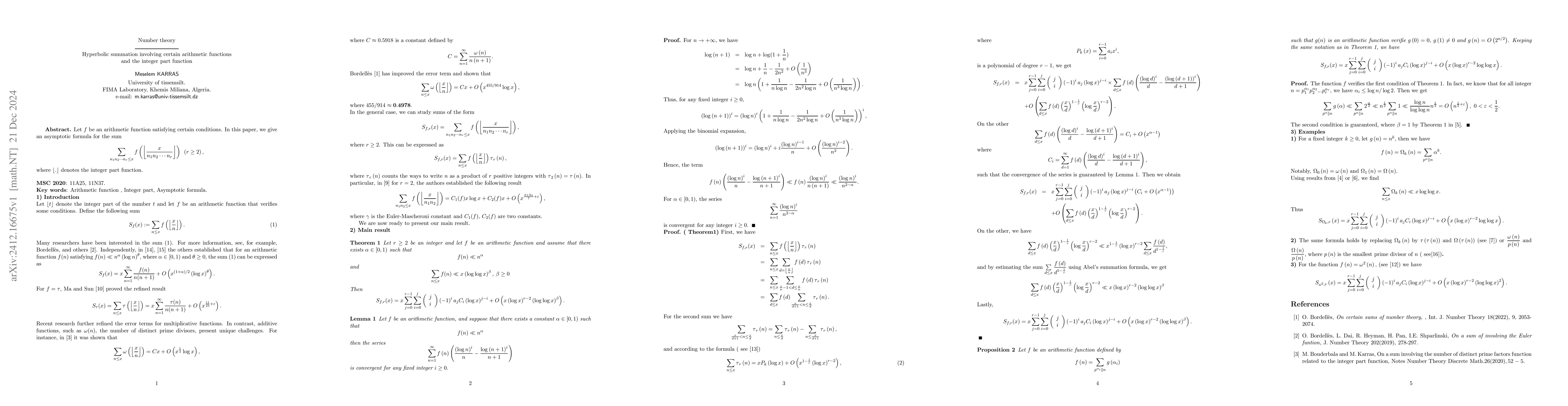 Thumbnail for Hyperbolic summation involving certain arithmetic functions and the
  integer part function