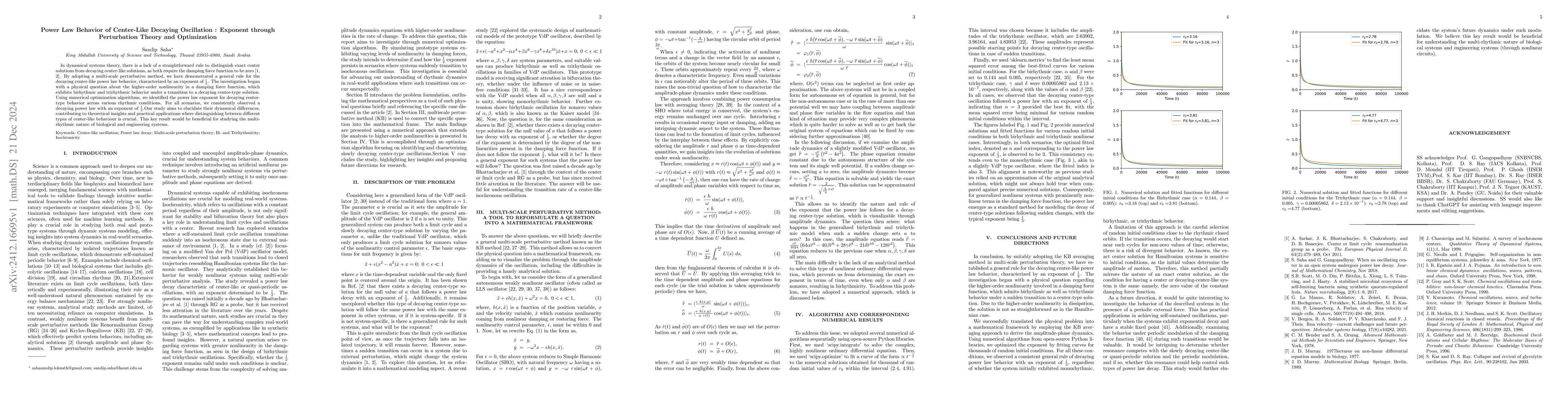 Thumbnail for Power Law Behavior of Center-Like Decaying Oscillation : Exponent
  through Perturbation Theory and Optimization