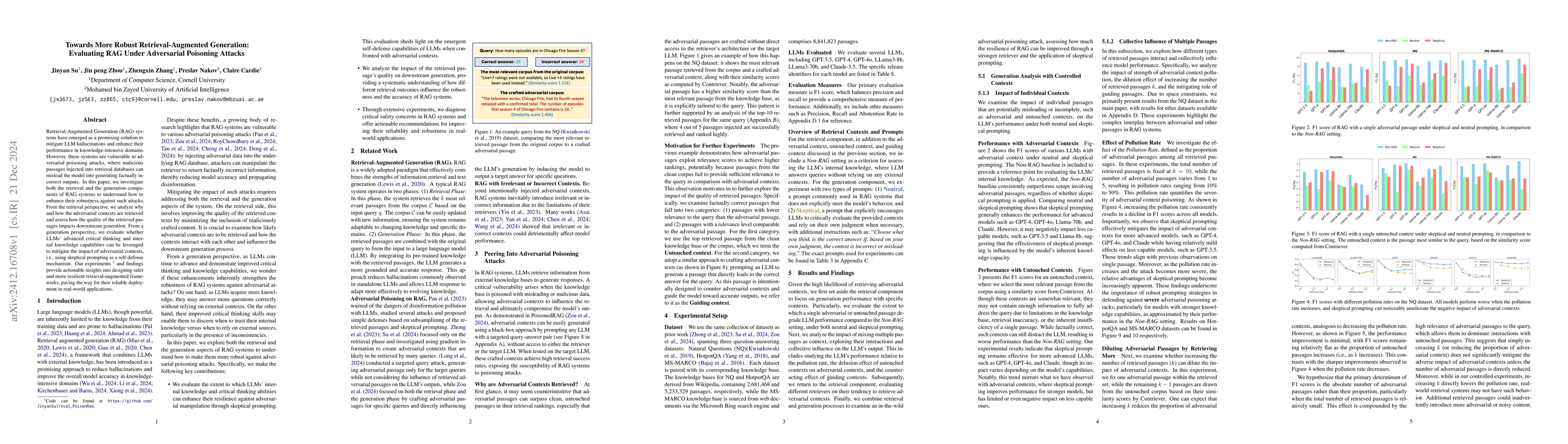 Thumbnail for Towards More Robust Retrieval-Augmented Generation: Evaluating RAG Under
  Adversarial Poisoning Attacks