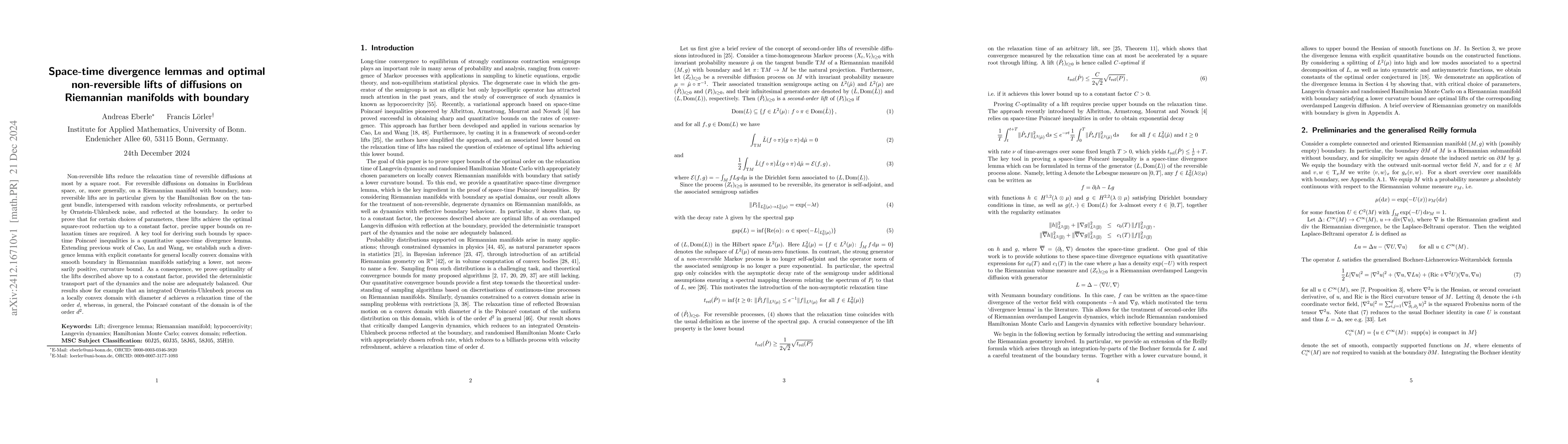 Thumbnail for Space-time divergence lemmas and optimal non-reversible lifts of
  diffusions on Riemannian manifolds with boundary