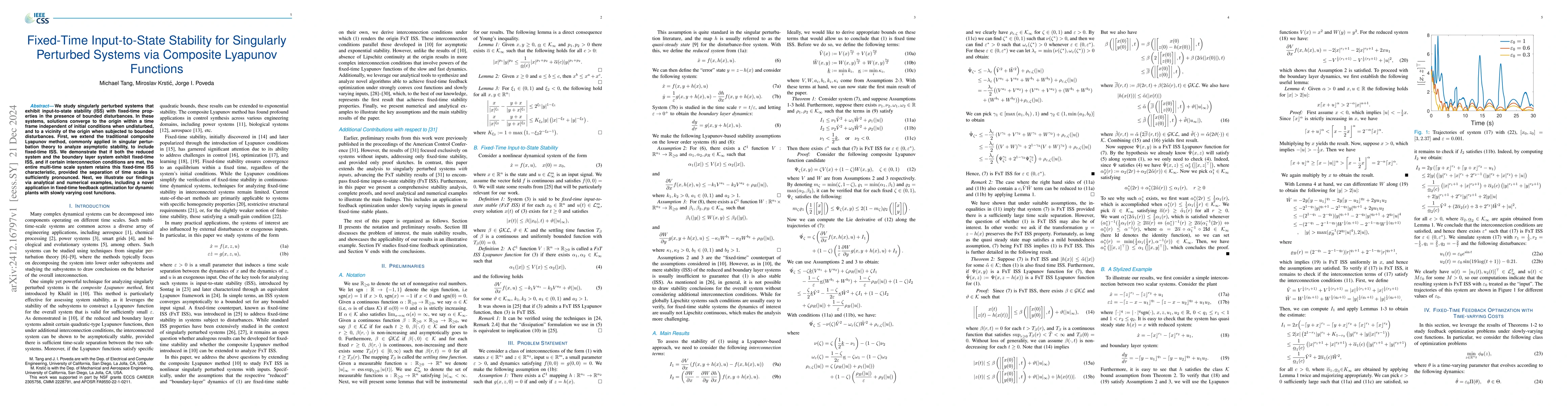Thumbnail for Fixed-Time Input-to-State Stability for Singularly Perturbed Systems via
  Composite Lyapunov Functions