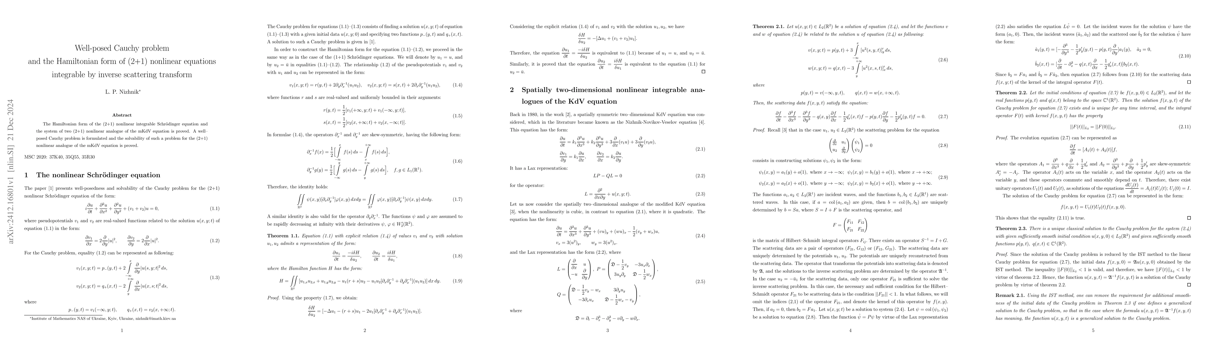 Thumbnail for Well-posed Cauchy problem and the Hamiltonian form of (2+1) nonlinear
  equations integrable by inverse scattering transform