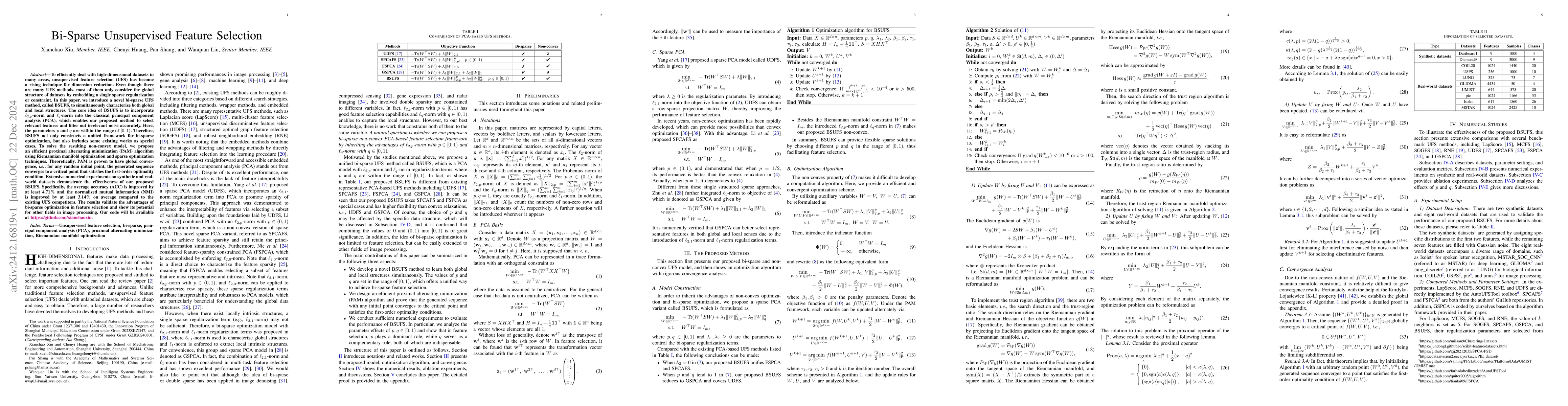 Thumbnail for Bi-Sparse Unsupervised Feature Selection