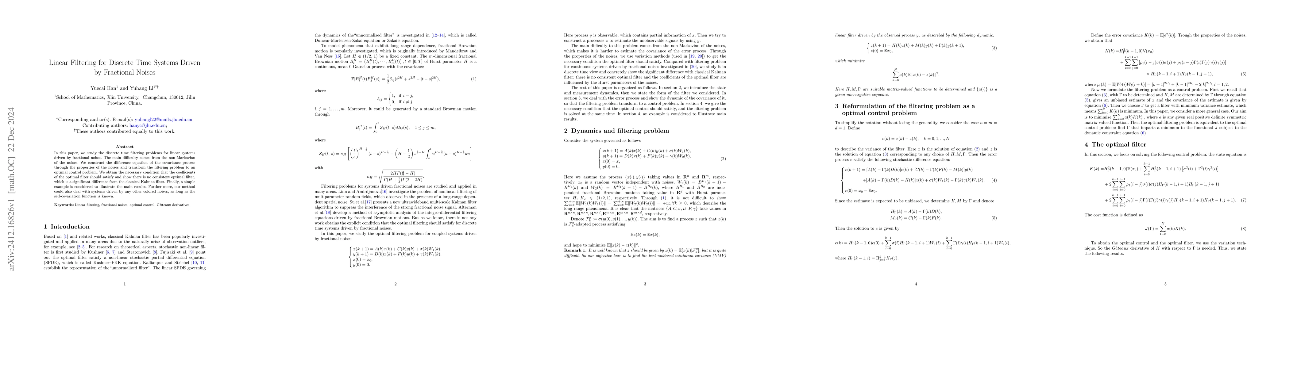 Thumbnail for Linear Filtering for Discrete Time Systems Driven by Fractional Noises