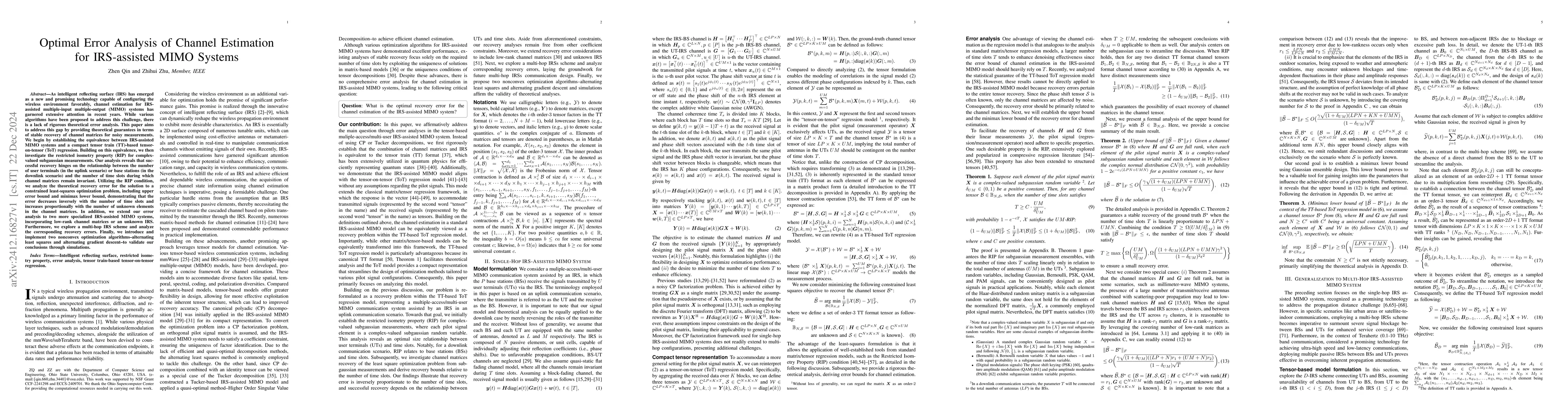 Thumbnail for Optimal Error Analysis of Channel Estimation for IRS-assisted MIMO
  Systems