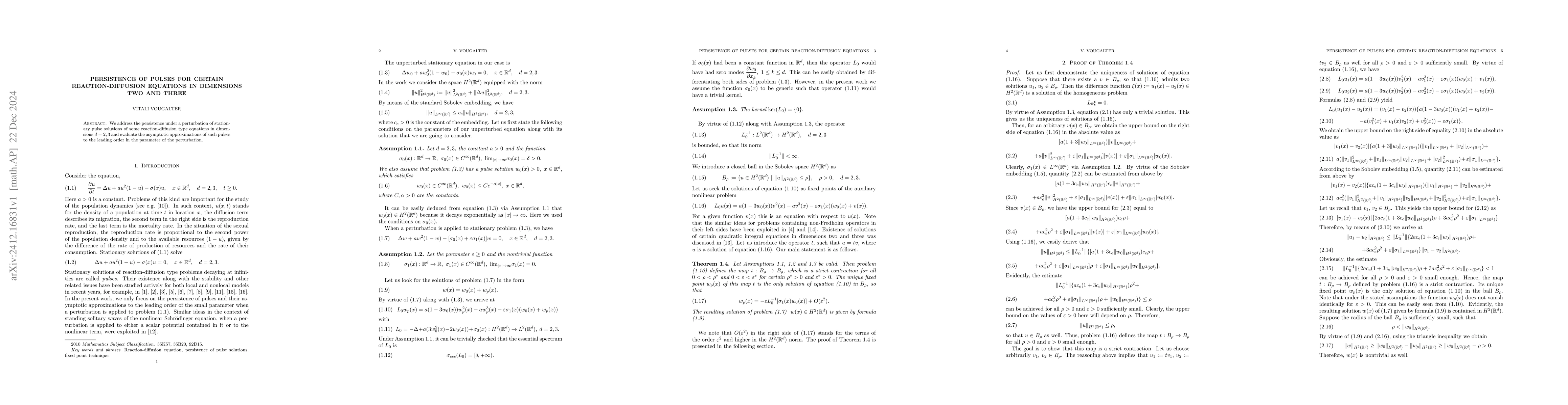 Thumbnail for Persistence of pulses for certain reaction-diffusion equations in
  dimensions two and three