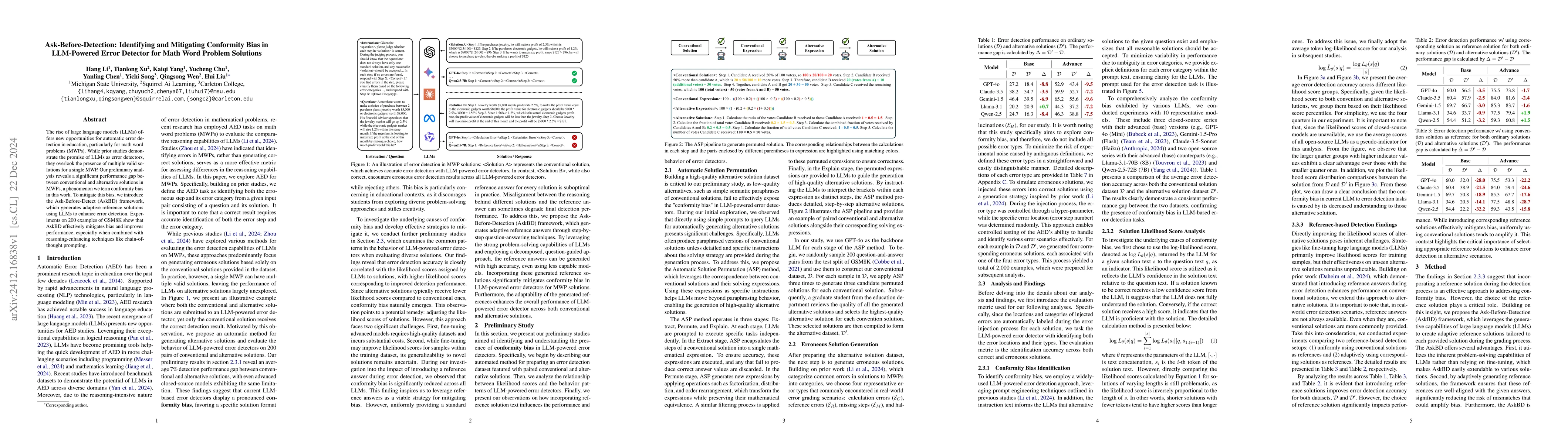 Thumbnail for Ask-Before-Detection: Identifying and Mitigating Conformity Bias in
  LLM-Powered Error Detector for Math Word Problem Solutions