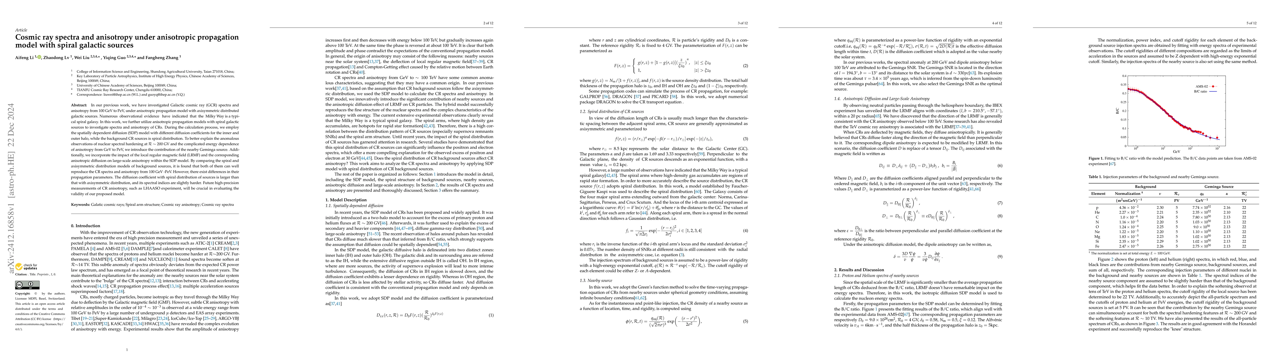 Thumbnail for Cosmic ray spectra and anisotropy under anisotropic propagation model
  with spiral galactic sources