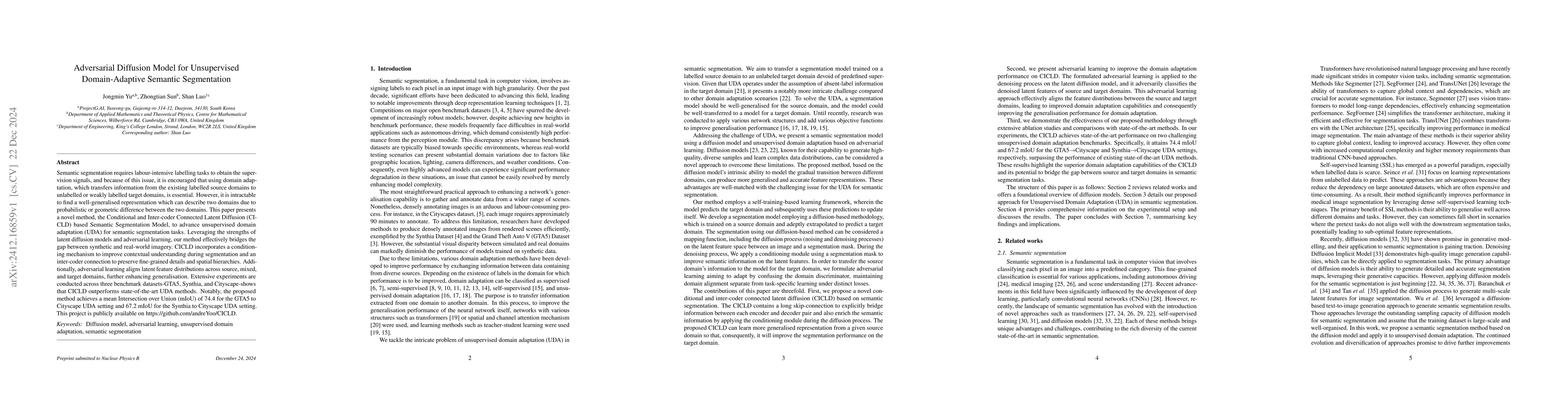Thumbnail for Adversarial Diffusion Model for Unsupervised Domain-Adaptive Semantic
  Segmentation