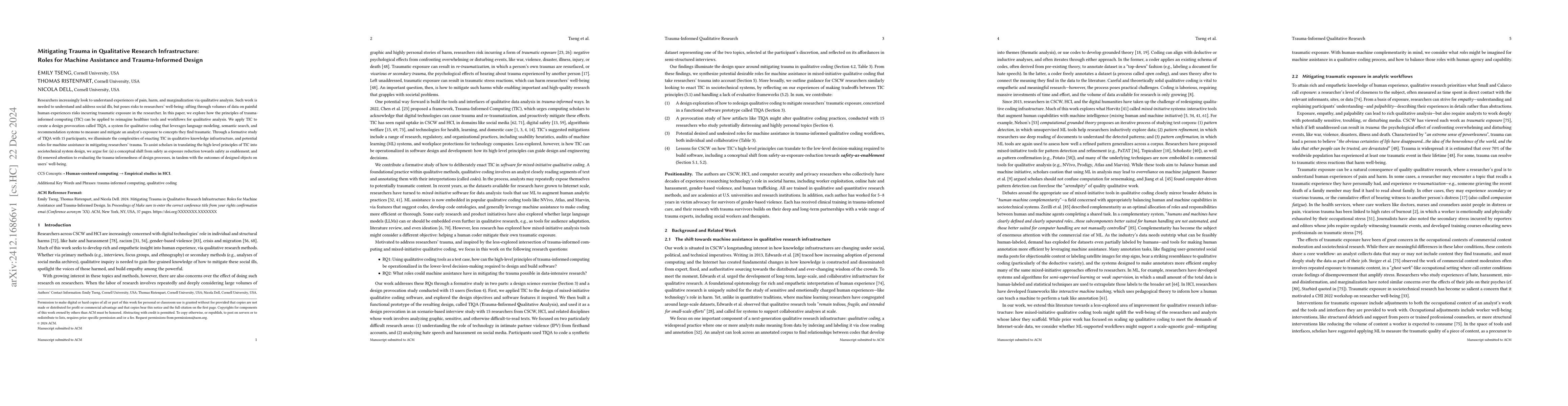 Thumbnail for Mitigating Trauma in Qualitative Research Infrastructure: Roles for
  Machine Assistance and Trauma-Informed Design