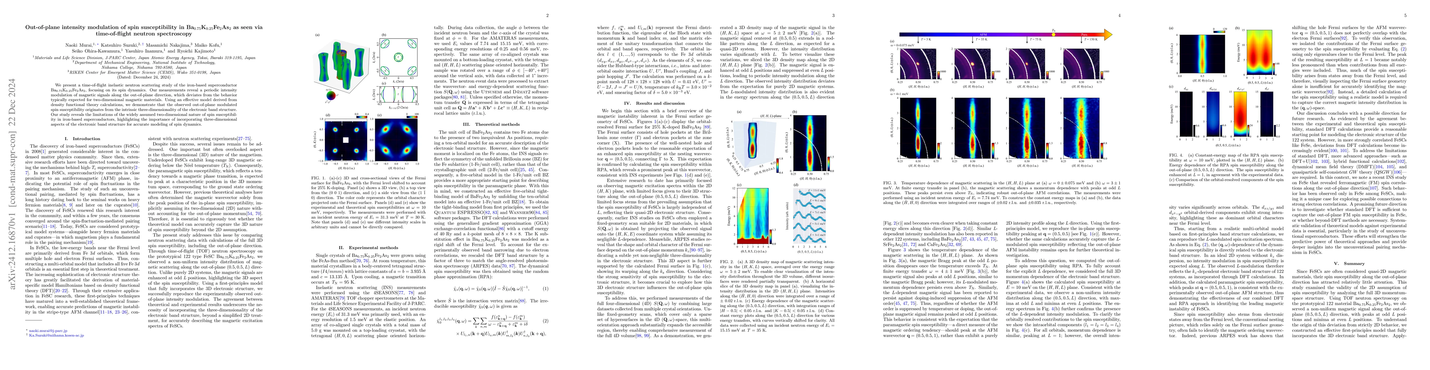Thumbnail for Out-of-plane intensity modulation of spin susceptibility in
  Ba$_{0.75}$K$_{0.25}$Fe$_{2}$As$_{2}$ as seen via time-of-flight neutron
  spectroscopy