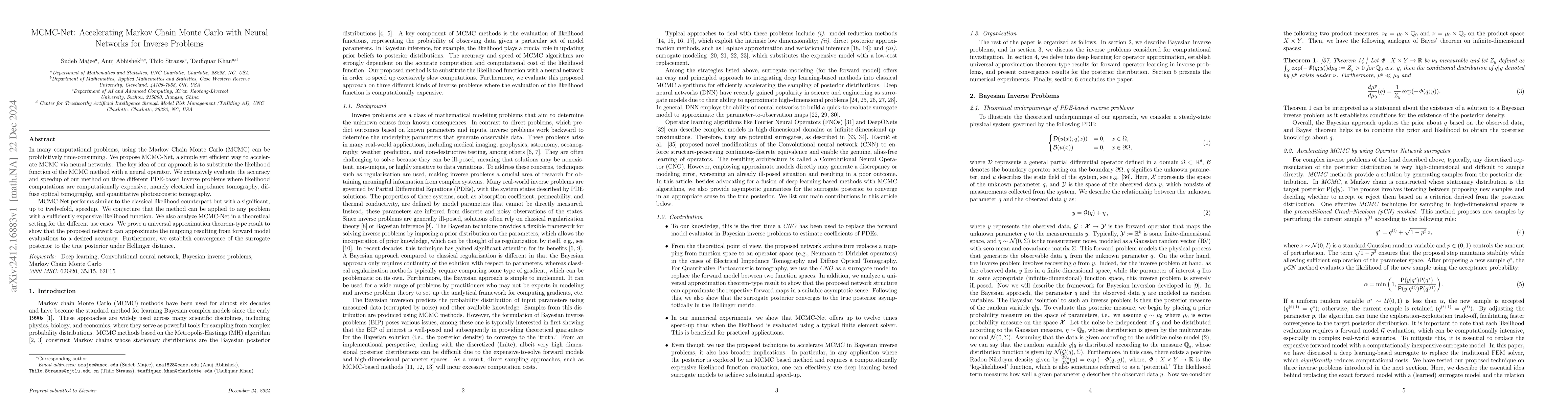 Thumbnail for MCMC-Net: Accelerating Markov Chain Monte Carlo with Neural Networks for
  Inverse Problems