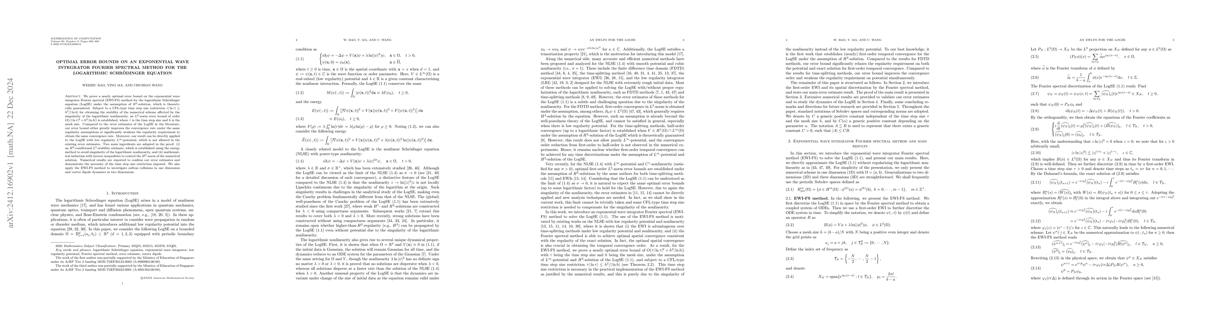 Thumbnail for Optimal error bounds on an exponential wave integrator Fourier spectral
  method for the logarithmic Schrödinger equation
