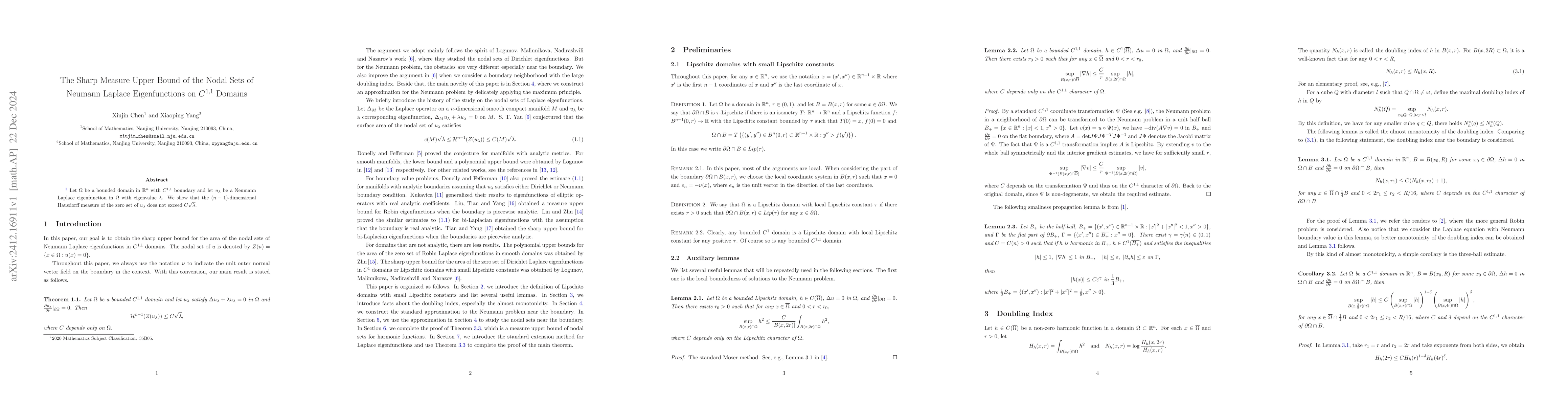 Thumbnail for The Sharp Measure Upper Bound of the Nodal Sets of Neumann Laplace
  Eigenfunctions on C1,1 Domains