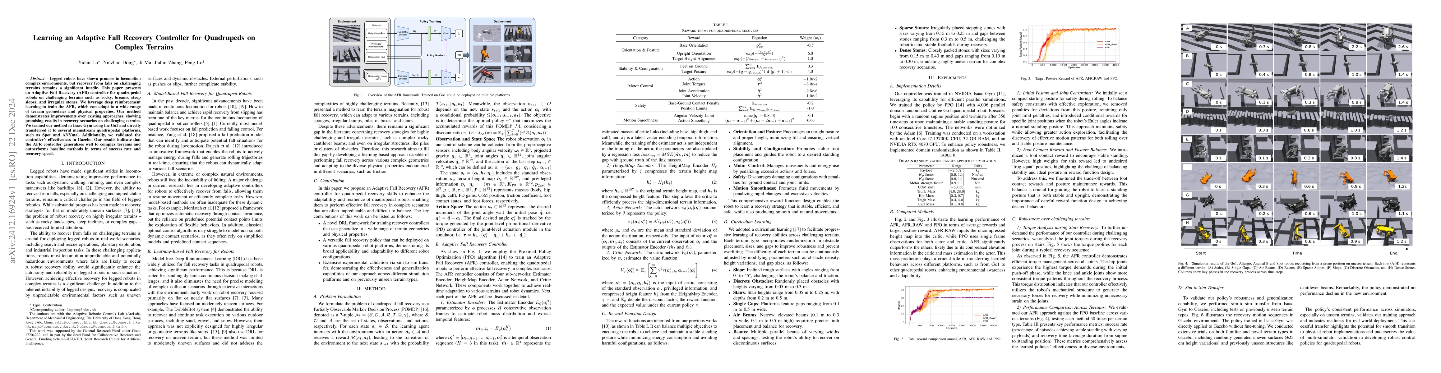 Thumbnail for Learning an Adaptive Fall Recovery Controller for Quadrupeds on Complex
  Terrains