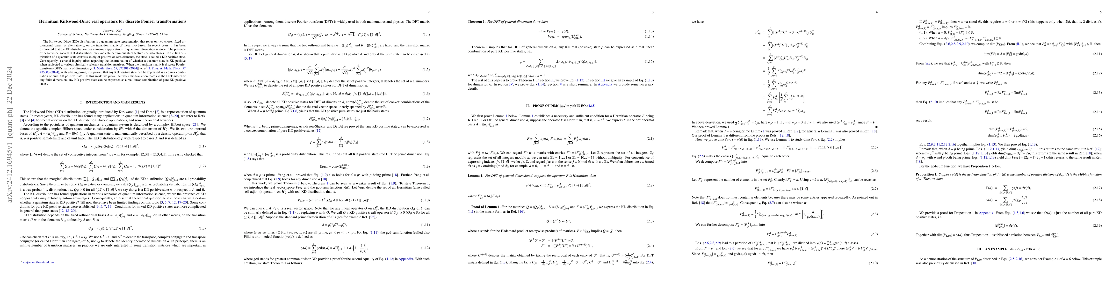 Thumbnail for Hermitian Kirkwood-Dirac real operators for discrete Fourier
  transformations
