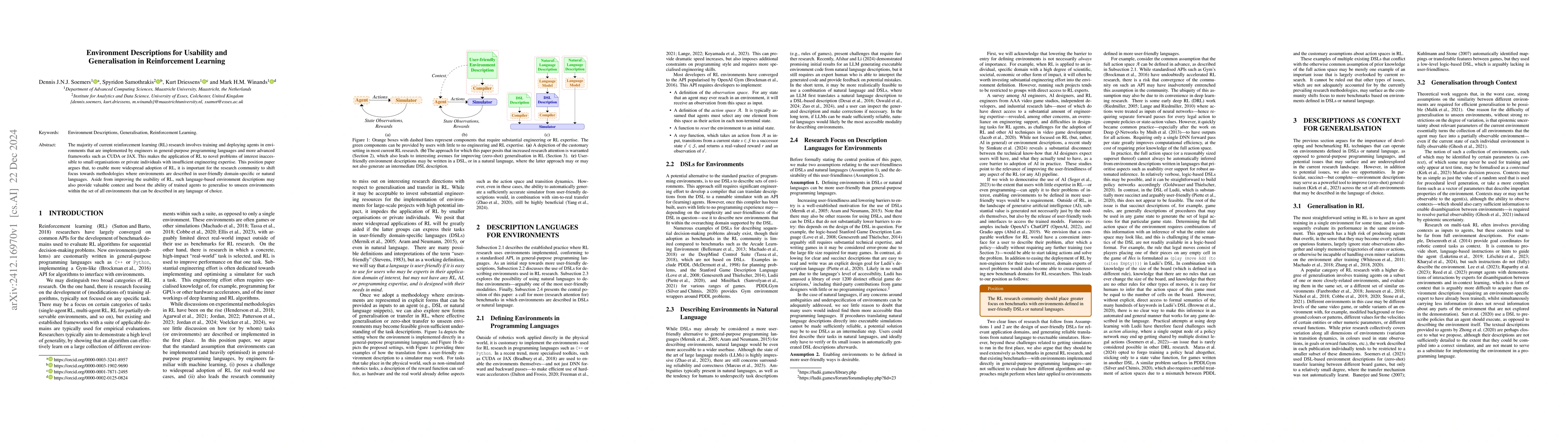 Thumbnail for Environment Descriptions for Usability and Generalisation in
  Reinforcement Learning