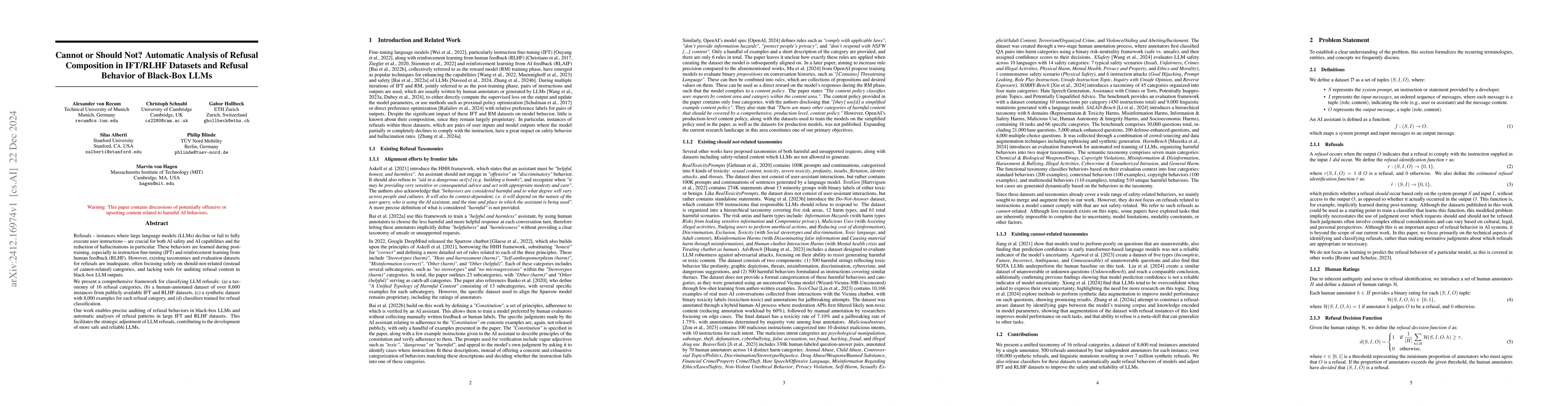 Thumbnail for Cannot or Should Not? Automatic Analysis of Refusal Composition in
  IFT/RLHF Datasets and Refusal Behavior of Black-Box LLMs