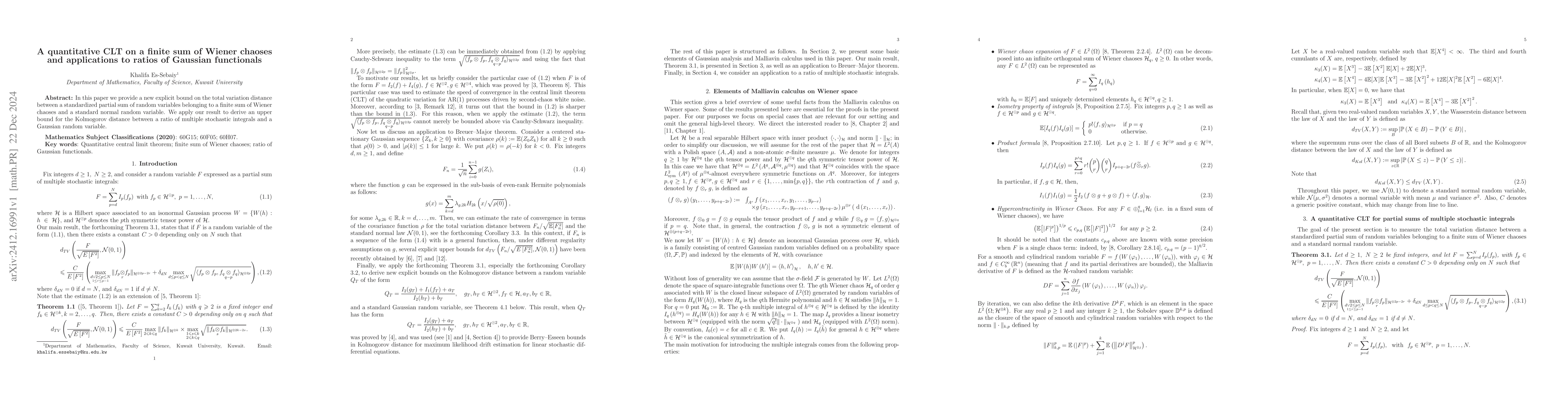 Thumbnail for A quantitative CLT on a finite sum of Wiener chaoses and applications to
  ratios of Gaussian functionals