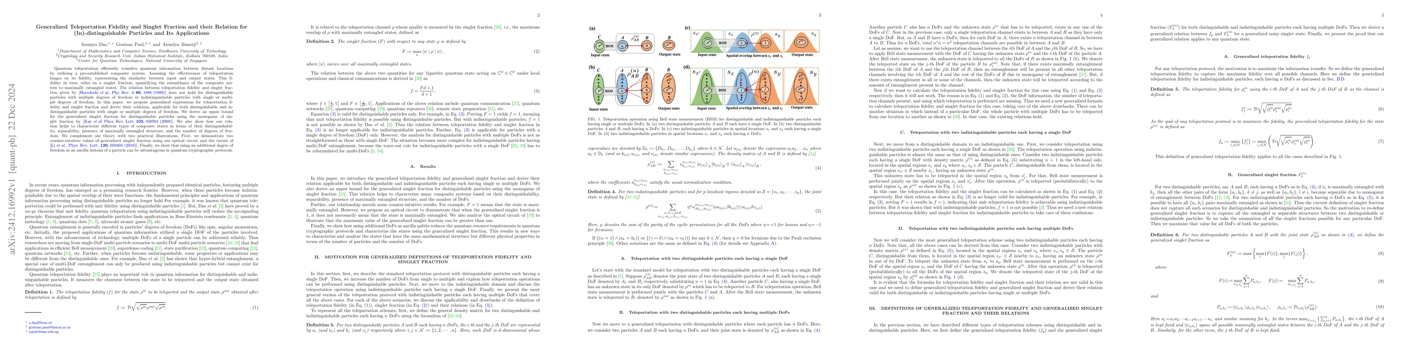 Thumbnail for Generalized Teleportation Fidelity and Singlet Fraction and their
  Relation for (In)-distinguishable Particles and Its Applications