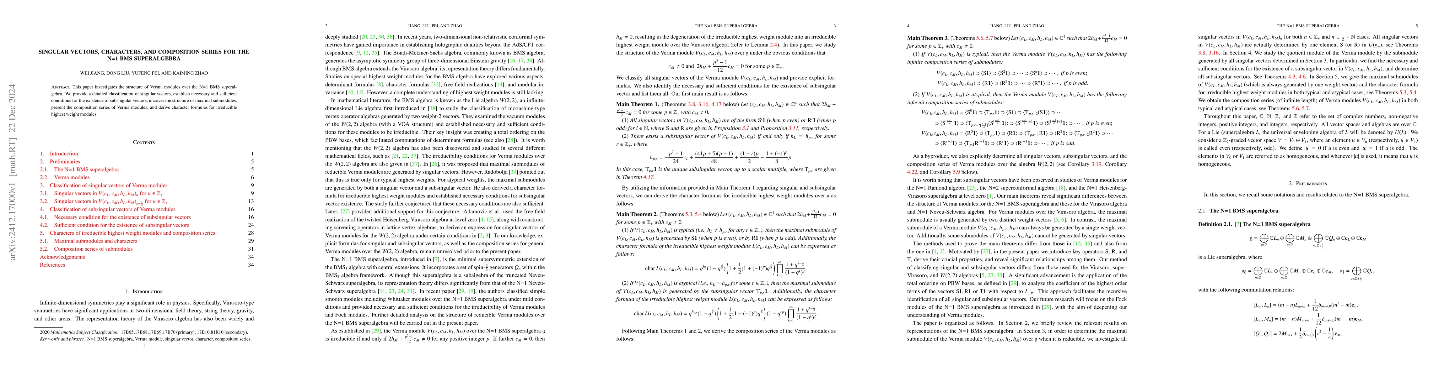 Thumbnail for Singular vectors, characters, and composition series for the N=1 BMS
  superalgebra
