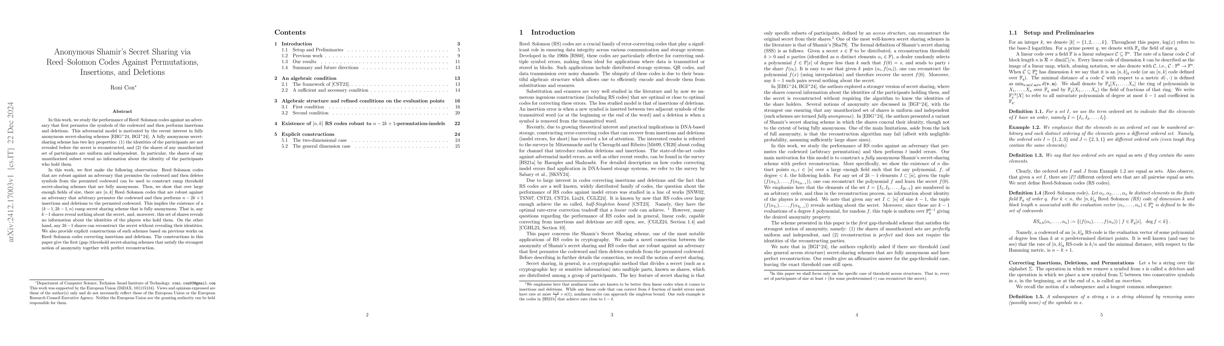 Thumbnail for Anonymous Shamir's Secret Sharing via Reed-Solomon Codes Against
  Permutations, Insertions, and Deletions