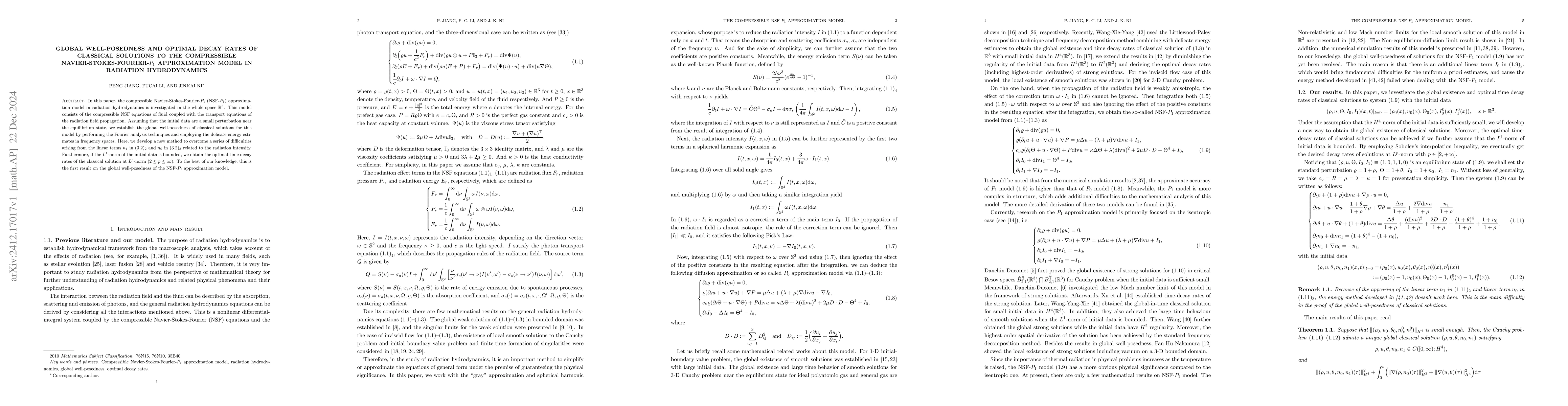 Thumbnail for Global well-posedness and optimal decay rates of classical solutions to
  the compressible Navier-Stokes-Fourier-P$_1$ approximation model in radiation
  hydrodynamics
