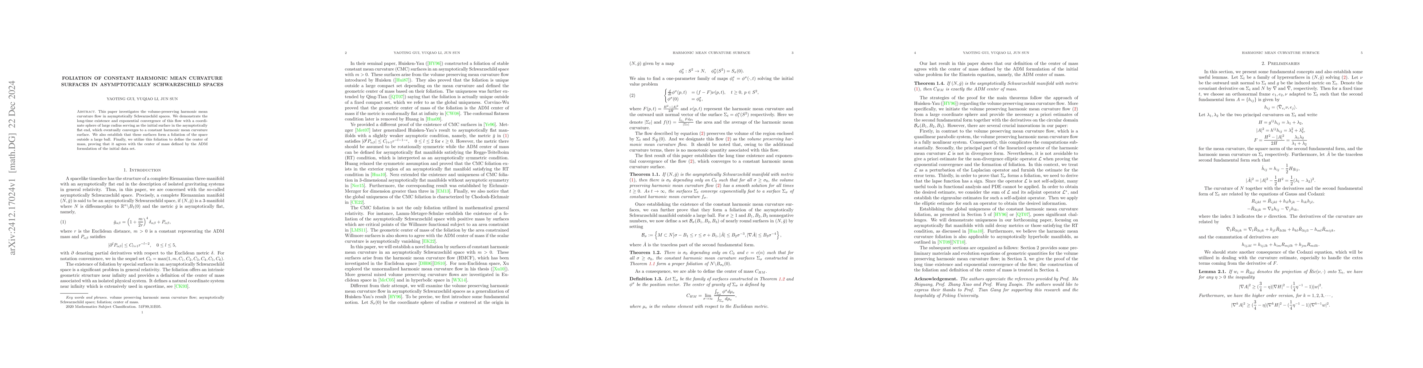 Thumbnail for Foliation of constant harmonic mean curvature surfaces in asymptotic
  Schwarzschild spaces